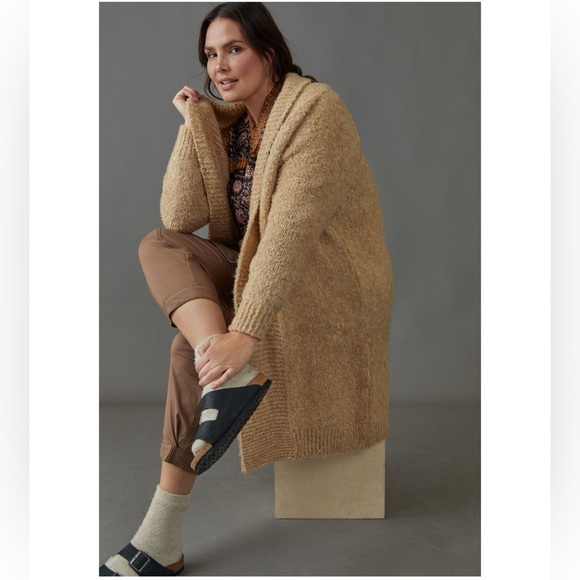 BY ANTHROPOLOGIE Lilla Longline Tan Wool Blend Knit Duster Cardigan L Coastal - Picture 3 of 12